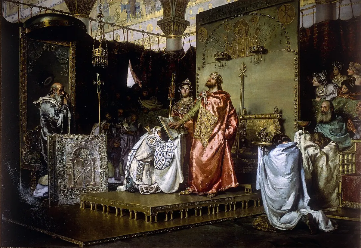A painting of the Visigothic king Recaredo and bishops at the Third Council of Toledo, with figures in rich robes gathered in a vaulted hall
